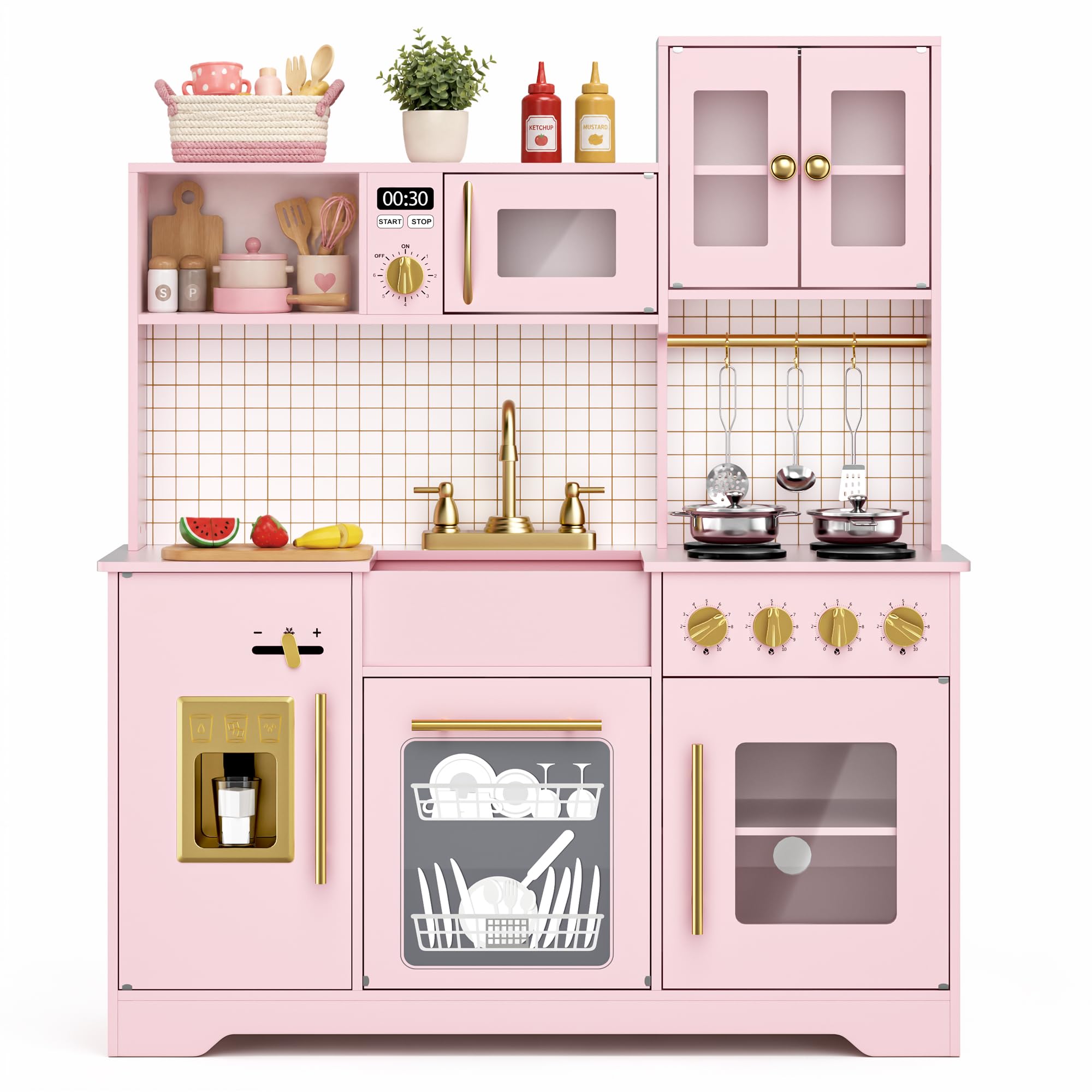 Kinder King Wooden Play Kitchen for Kids, Storage, Accessories, Pink | Pretend Dishwasher…