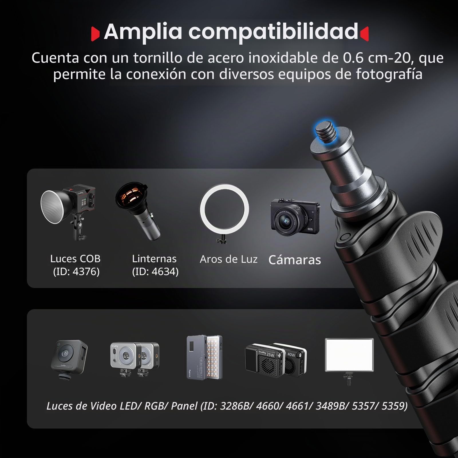 SMALLRIG Soporte de Luz 190cm, Carga Máx. 4kg, Soporte Compacto para Flash, Luces LED/RGB/COB, Plegable 43cm - 5475