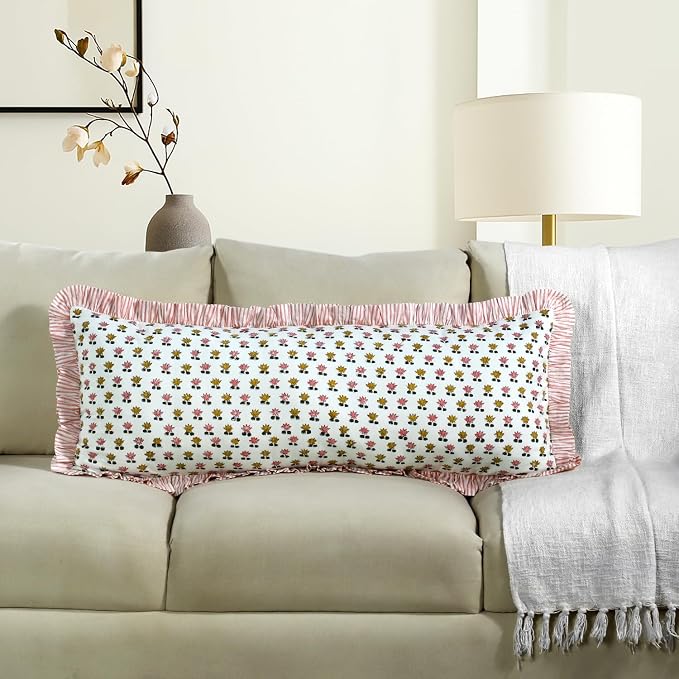 CPC Hand Block Print Rosette Bloom Ruffle Sham Pillow Cover 36" x 14" inch Hidden Zipper Decorative Pillowcase for Couch, Bed, Sofa, Farmhouse, Cottagecore Decor Gift Spring, Mother's Day