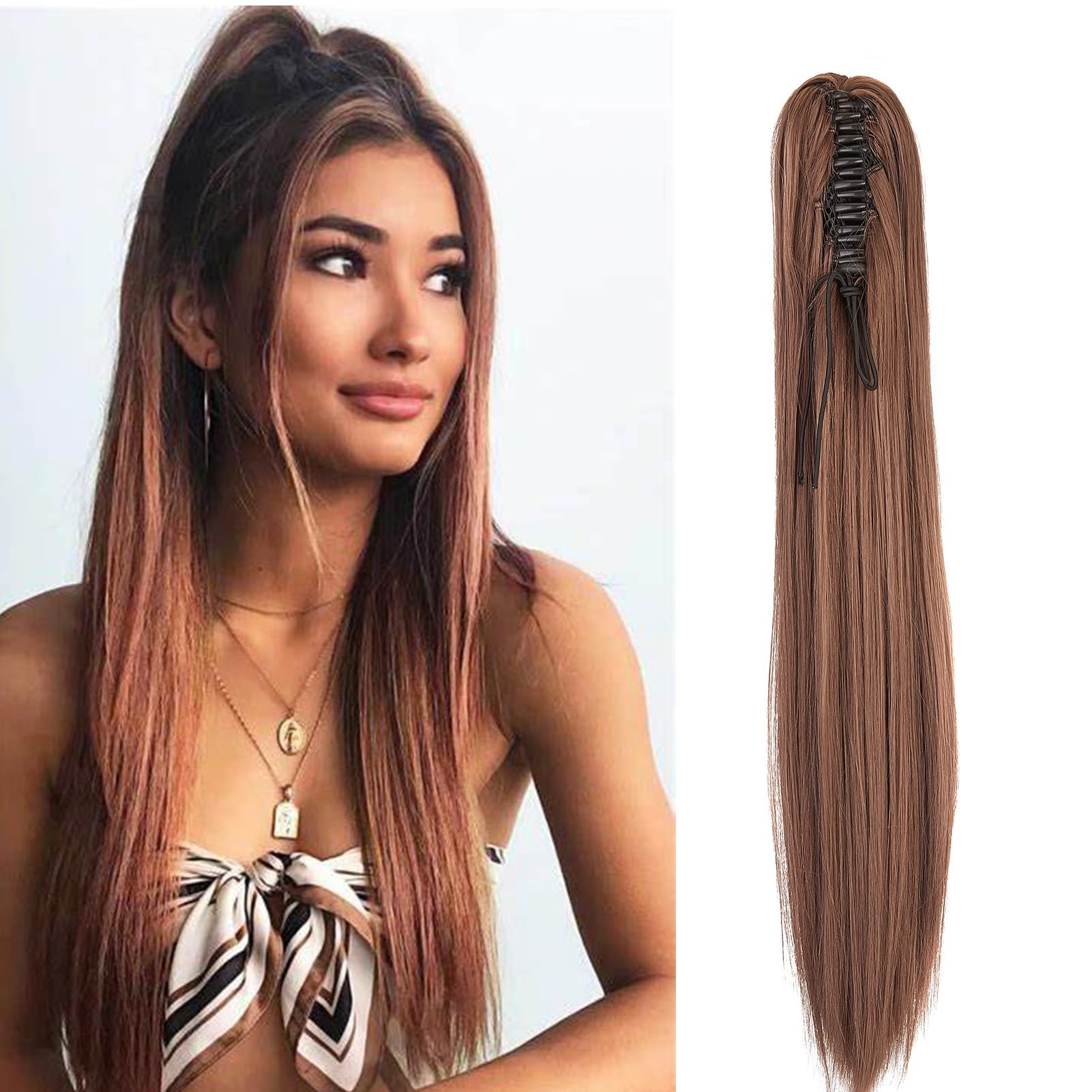 Dcbaboo Ponytail Extension Long Straight 20inch Claw Clip in Ponytail Hair Extensions Synthetic Pony tails Natural Wave One Piece Hairpiece Fake Ponytail for Women Dark Auburn