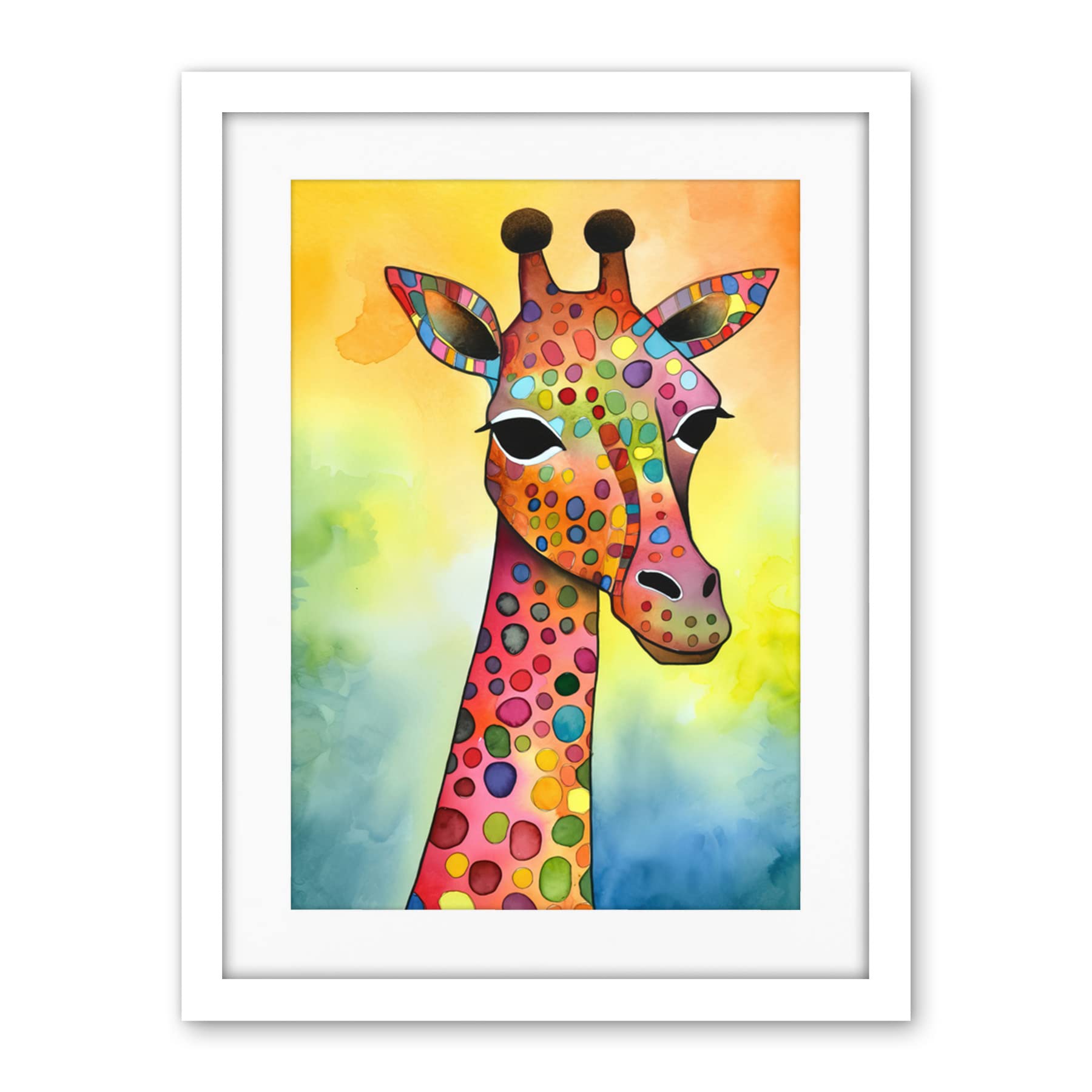 Artery8 Giraffe With Multicolour Pattern Folk Art Watercolour Painting Artwork Framed Wall Art Print 18X24 Inch