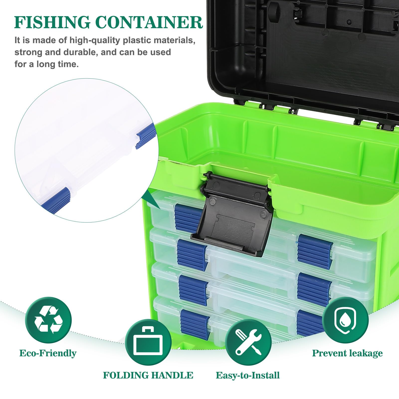 Caja de Aparejos de Pesca Grande, Portátil, de Plástico, Verde | Asa Plegable, Uso en Pesca Mar, Organiza Herramientas y Objetos Pequeños, Soporte de Carga Fuerte