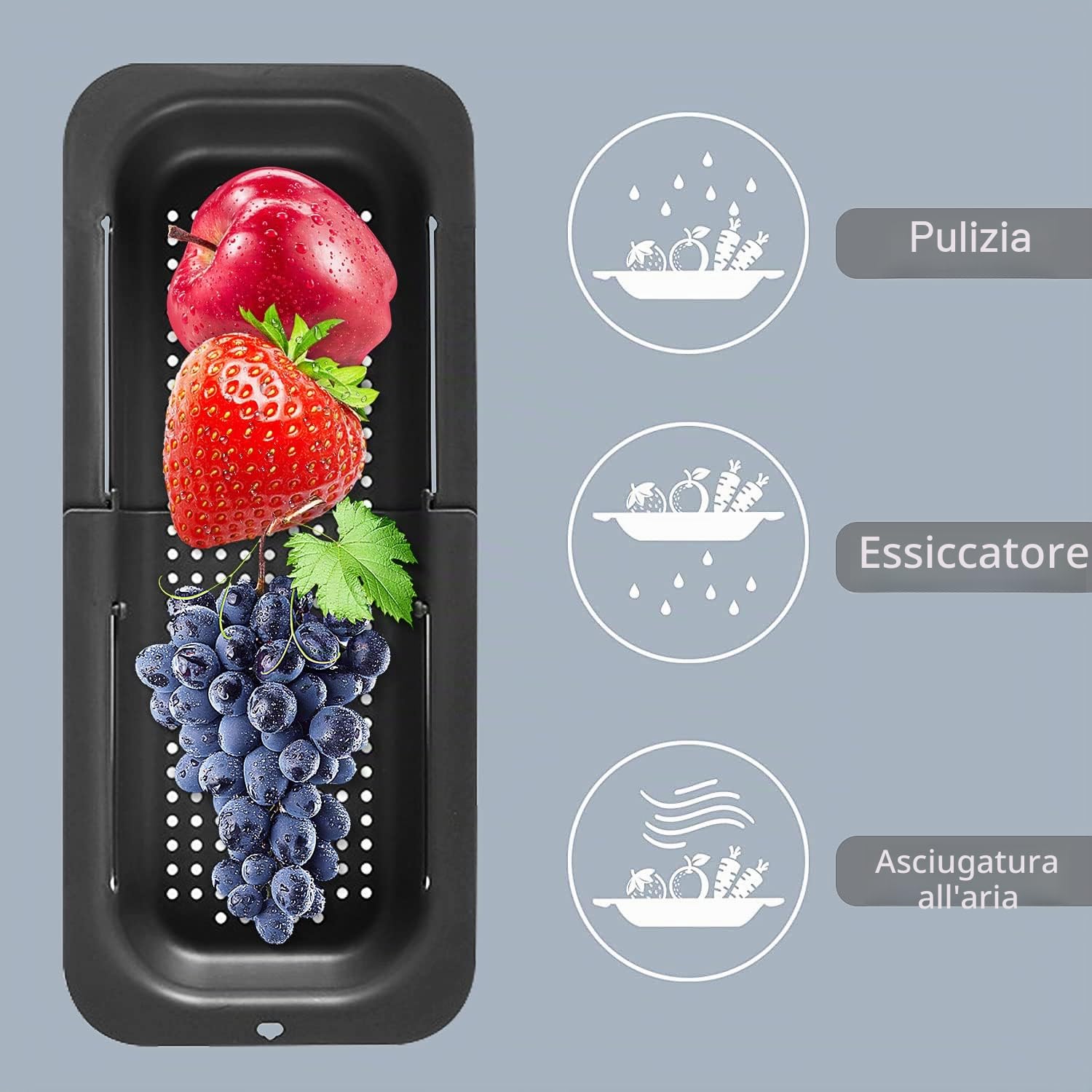 Cestello Colino Lavello Cucina Estensibile (34-47cm), Salvaspazio, Scolapiatti Filtrante, Scola Pasta Cotta, Lava Verdure, Frutta