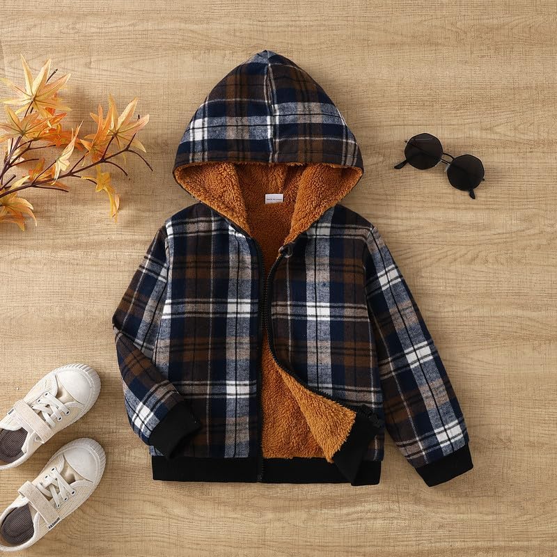 Toddler Boys Plaid Fleece Lined Hooded Jacket Zip Up Winter Coat