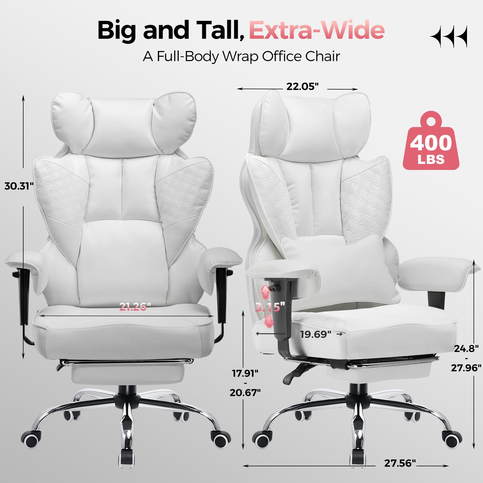 GTPLAYER Big and Tall Gaming Chair 400lbs Heavy Duty Office Chair with Foot Rest & Ergonomic Pocket Spring Lumbar Support, High Back 3D Saddle Shaped Cushion for Back Pain Relief, White view 2