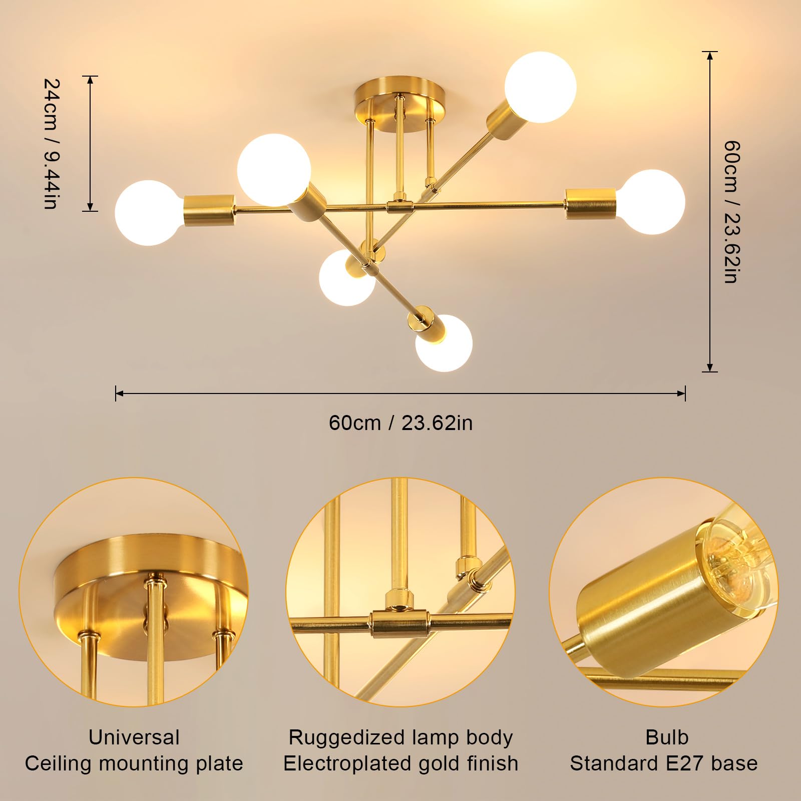 DELIPOP Lámpara de Techo Industrial, 6 Luces E27 Plafones de Techo Modernos, Orientable 180° Lámpara de Araña para Dormitorio Sala de Estar Cocina Salón Comedor