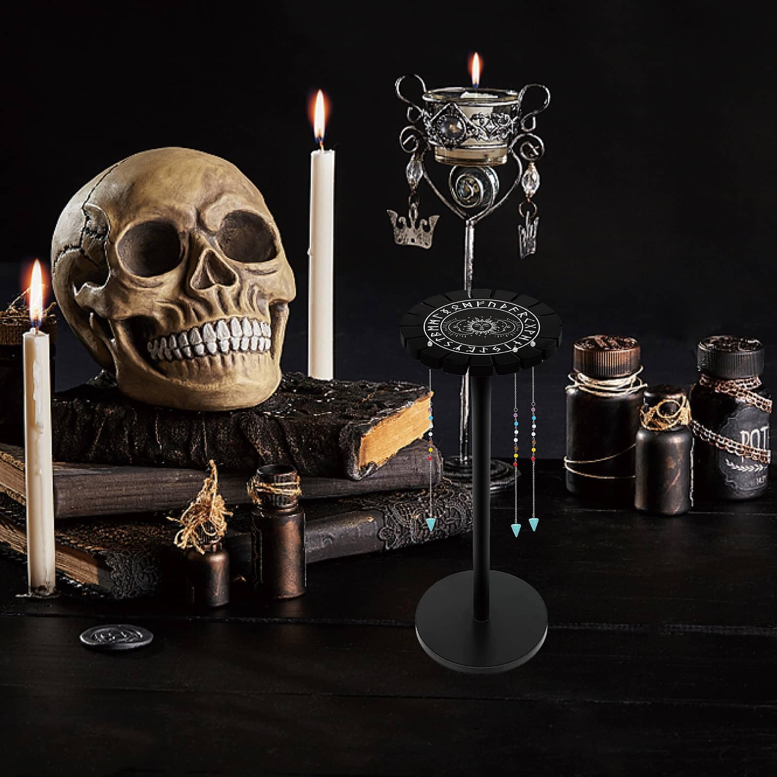 Porta Pendolo In Legno Con Motivo Palma - Espositore Per Cristalli E Pendoli Da Divinazione - 12x29 Cm - Foto 2