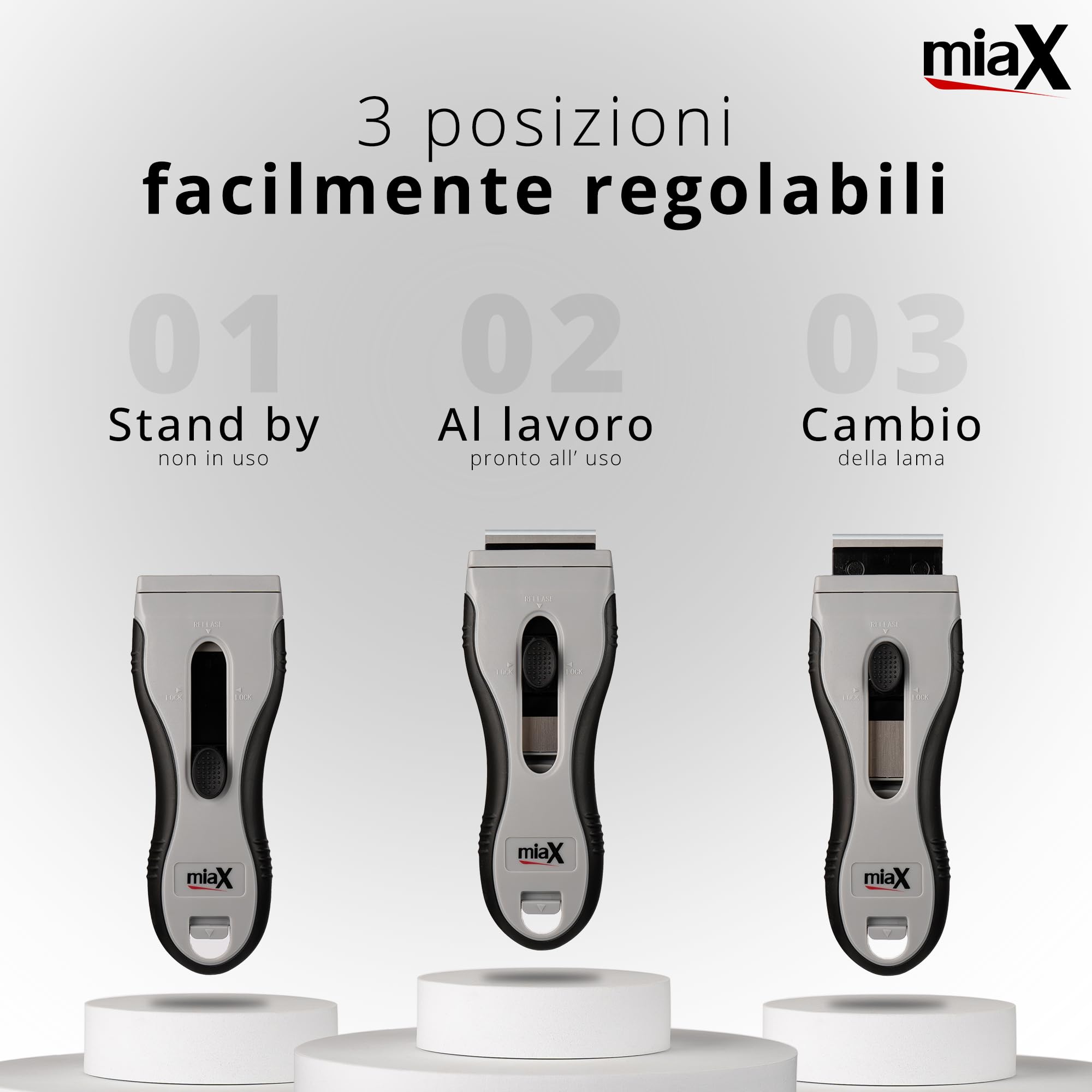 miaX Premium Spatola Multiuso 2.0 – Raschietto rimuovi silicone, con 8 lame di ricambio integrate – per piano induzione, vetro, adesivi, vernici
