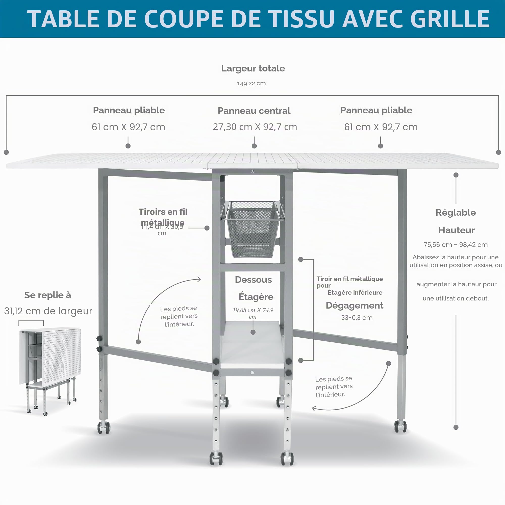 Sew Ready Table Pliante réglable en Hauteur, Planche à Coudre et Guides 13386, Argent/Blanc