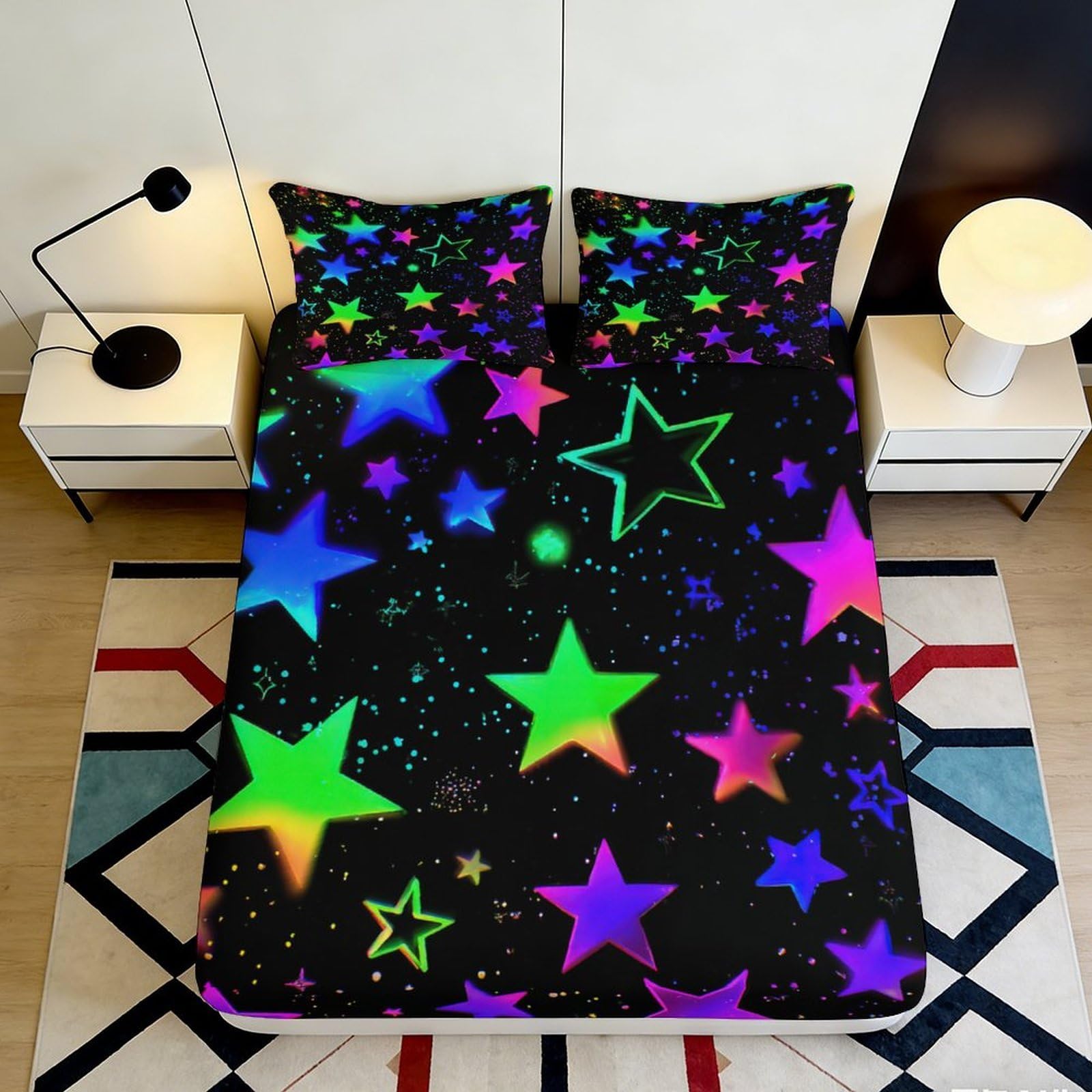 3D Printed Neon Starry Sky Fitted Sheet Microfiber Soft Colorful Cosmic Nebula Bed Cover for Bedroom Guestroom Dorm Mattress Protection 90x200x25cm