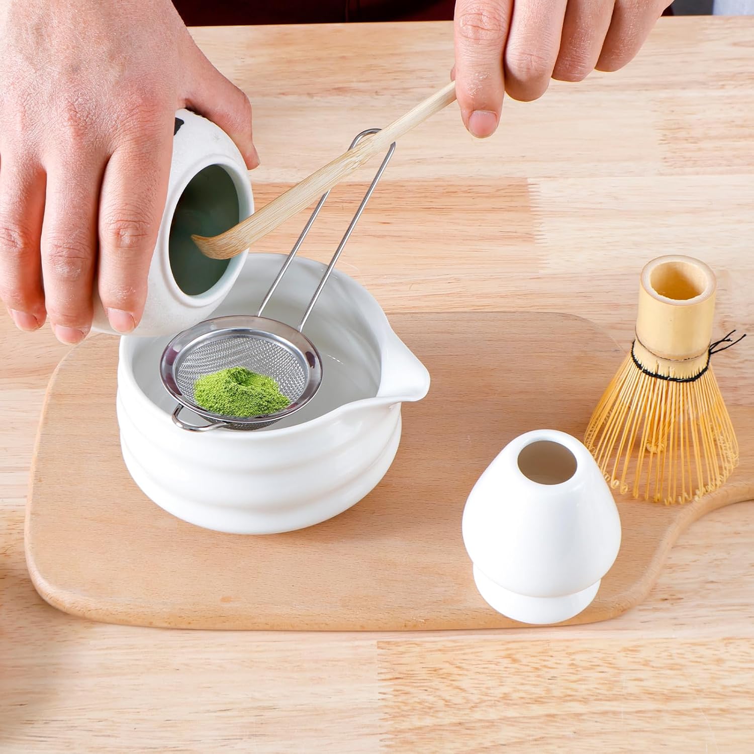 Matcha Whisk Set Traditional Matcha Powder Whisk Set with Bowl Ceramic, Matcha Whisk (Chasen), Stainless Matcha Sifter, Scoop(Chashaku),Spout, The Japanese Tea Set (Matcha Green)