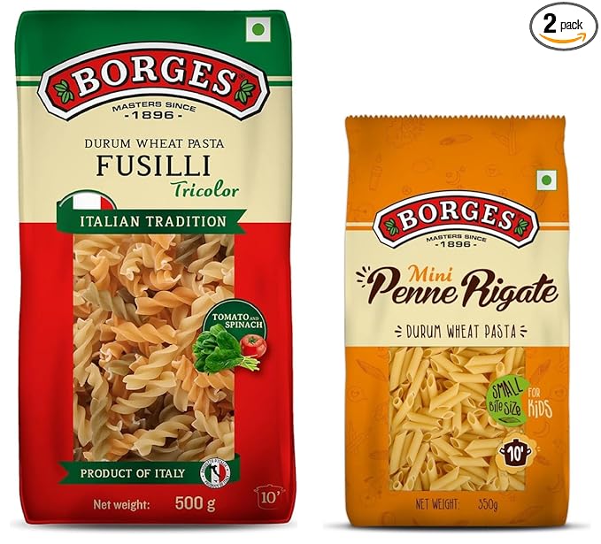 Tricolor Fusilli Durum Wheat Pasta, 500 Grams & Borges Mini Penne Rigate Durum Wheat Pasta 350grams
