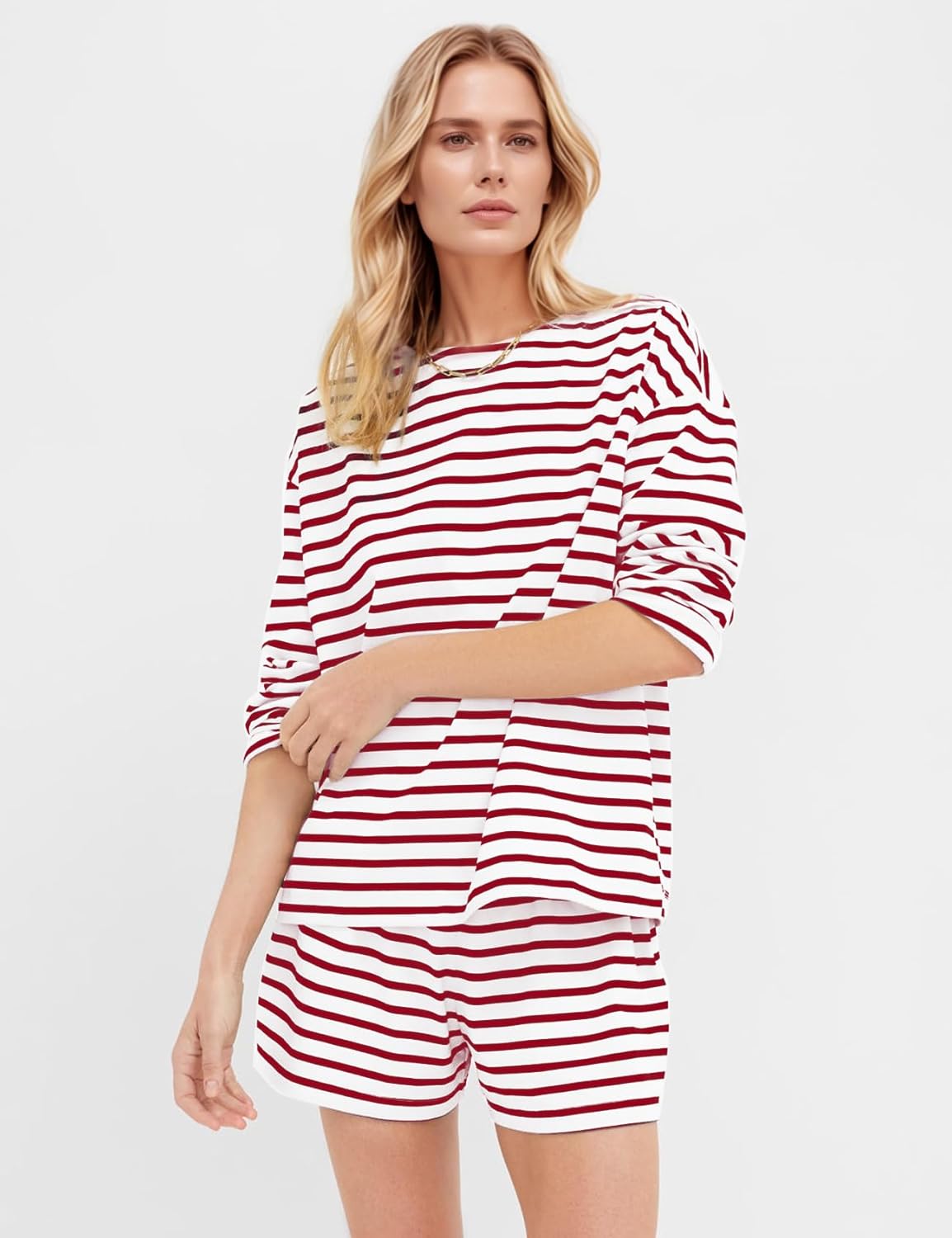 Flygo Striped 2 Piece Short Sets for Women Casual Cotton Long Sleeve Pullover Top Matching Pj Shorts Lounge Sets with Pockets - Image 2