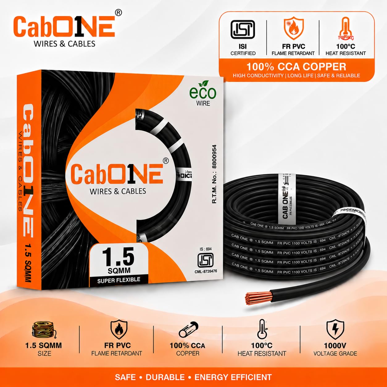 CabONE Lite 1.5 Sq mm Electrical Wire - 90m Blue Single Core CCA Copper Wire | Fire Retardant PVC Insulation for Domestic Wiring Black — Amazon image 2
