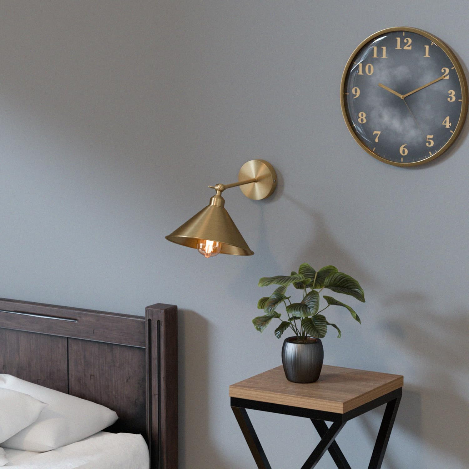 LEDSone Vintage Industrial Metal Lampshade Adjustable Wall Light Sconce with Cone Lamp Shade, E27 Holder Fitting (Yellow Brass)