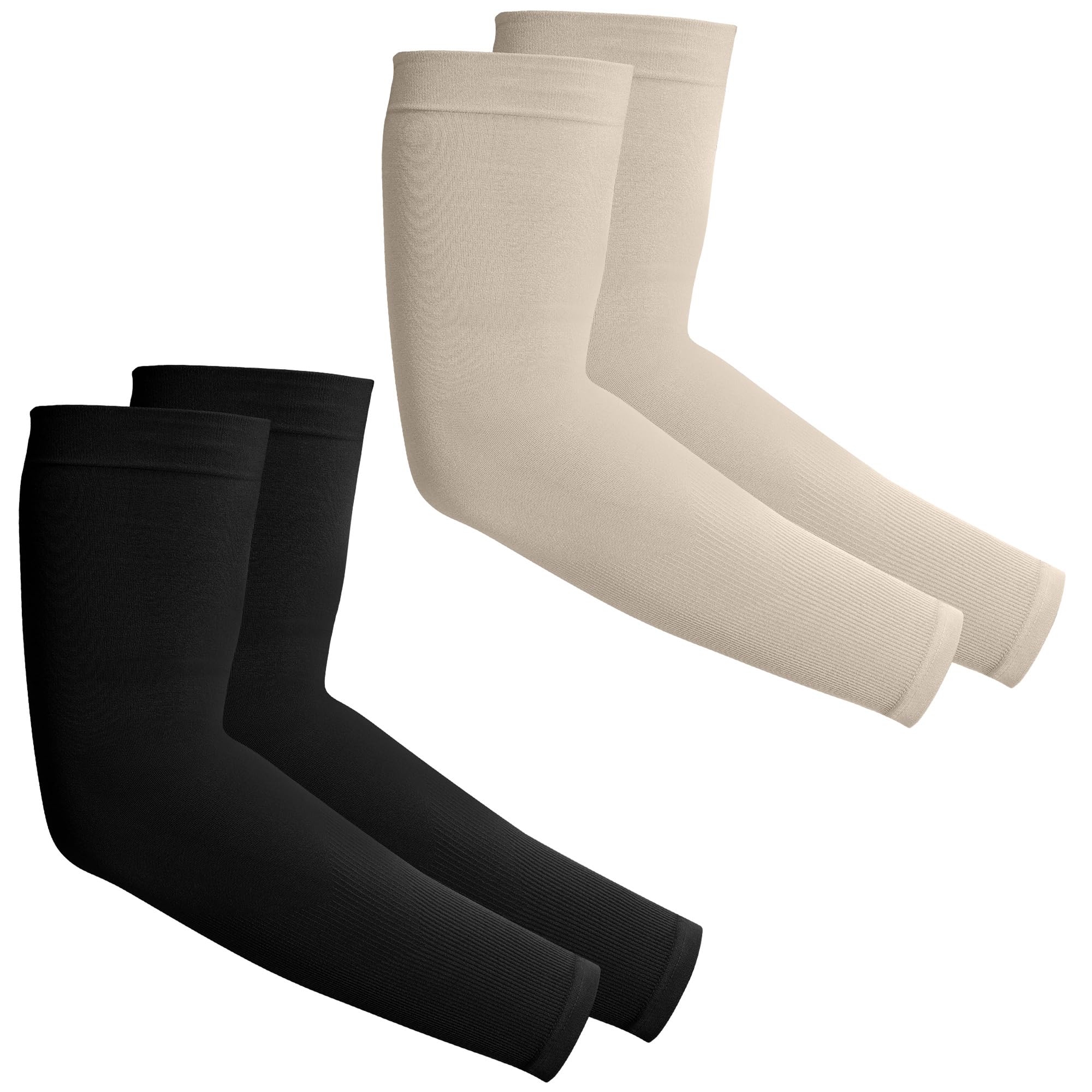 Tough Outdoors Sun Protection Sleeves - UV Arm Sleeves for Men and Women - Golf Cooling Arm Sleeves - Baseball Sun Sleeves, Black & Beige, 2 Pairs