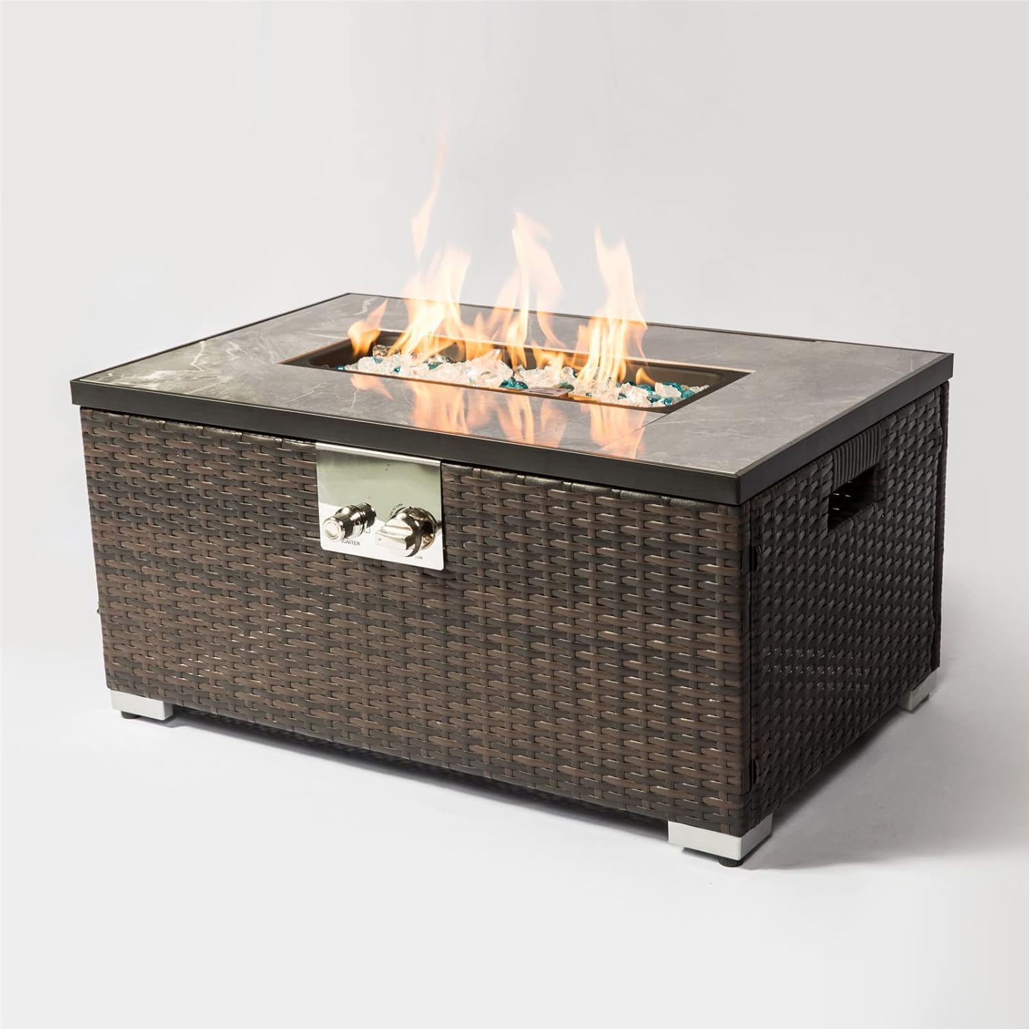 Outdoor Rattan Wicker Fire Pit Column, Propane Fire Column for Decor 50,000BTU Gas Fire Pit Table with Ceramic Tile Tabletop Garden Corner Table (32x20IN Brown Rectangle Fire Table+Tank Cover)