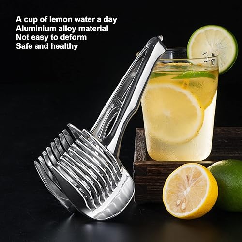 Miniatura 8 de Cortador de limón, rebanador de tomate para uso doméstico, pinzas de frutas redondas de mano multiusos de acero inoxidable, soporte para cortar