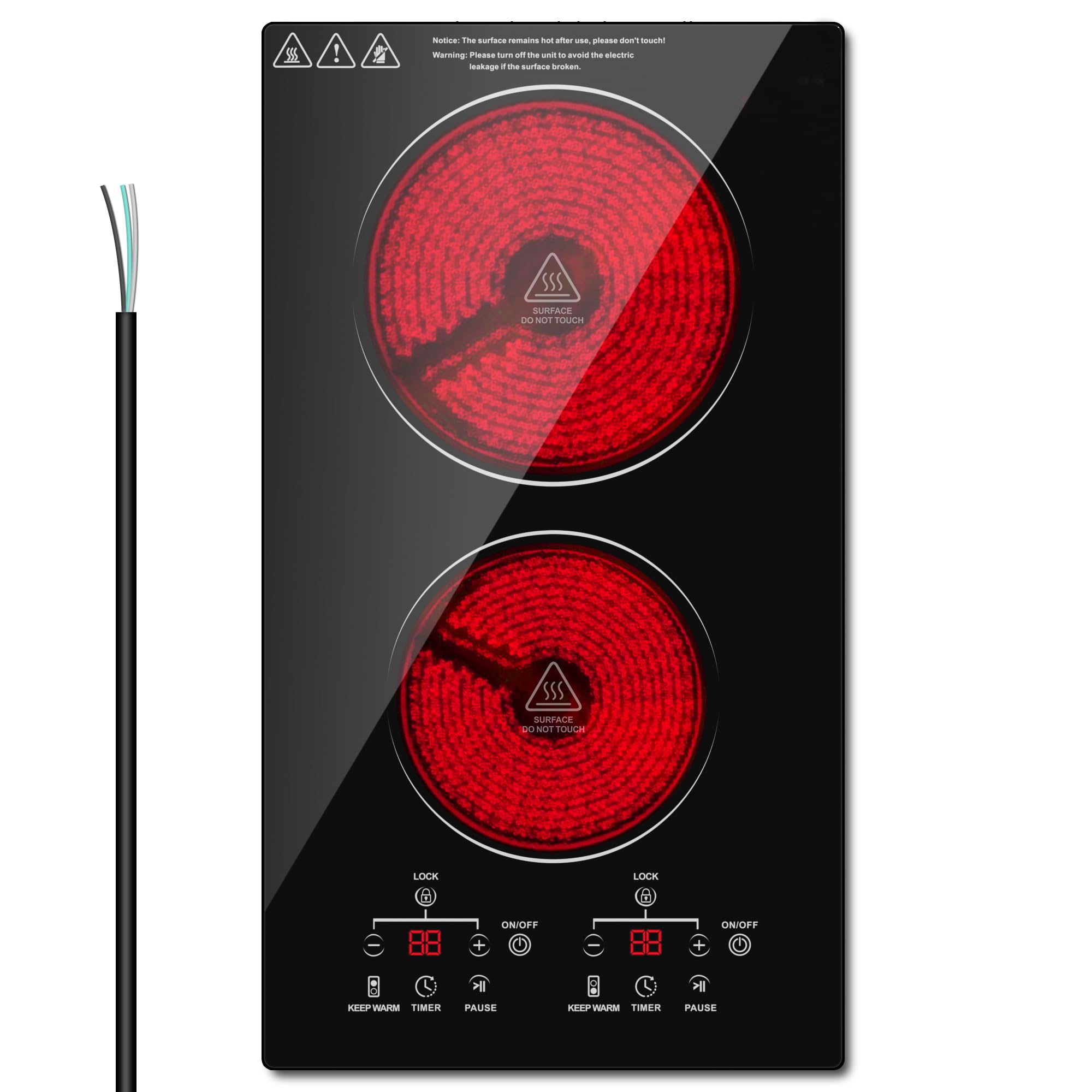 Glaskeramikkochfeld 2 Platten 3000W, 30cm Autarkes Elektrokochfeld mit Metallrahmen, Einbau-Kochfeld 2 Kochzonen (1800W+1200W), 9 Heizstufen, Sensor-Touch, Timer & Kindersicherung, Ohne Stecker