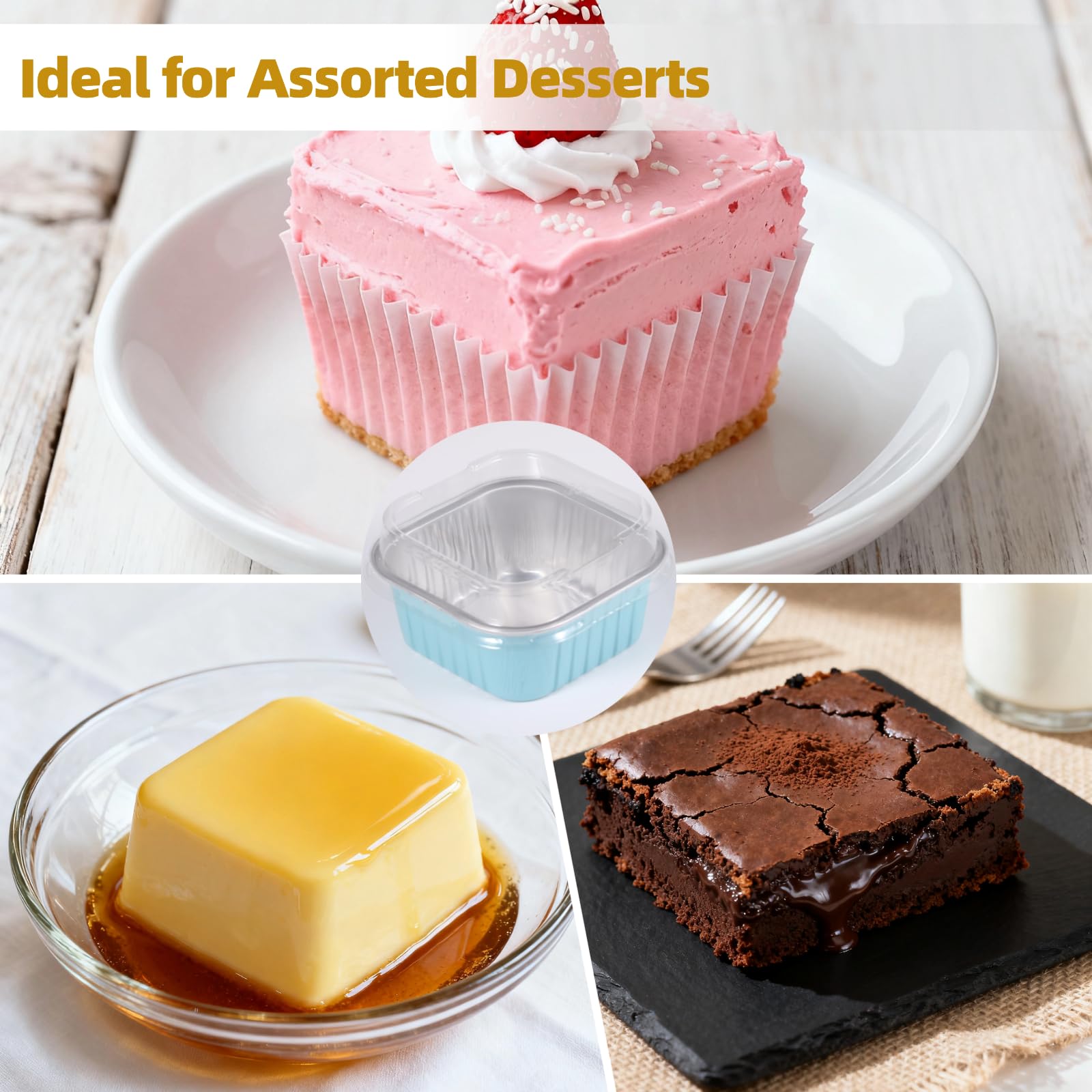 100 Stk Mini-Quadrat-Backförmchen aus Aluminiumfolie mit Deckel, Einweg-Ramekins und Cupcake-Formen, einzelne Dessertbehälter für Partys, Hochzeiten, Geburtstage, Blau