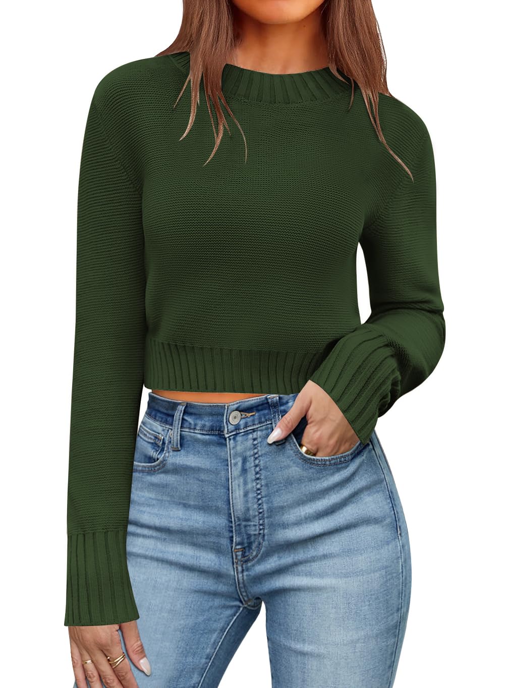 QACOHU Fall Sweaters for Women Long Sleeve Ribbed Knit Pullover Jumper Tops 2025 Crewneck Cropped Sweater