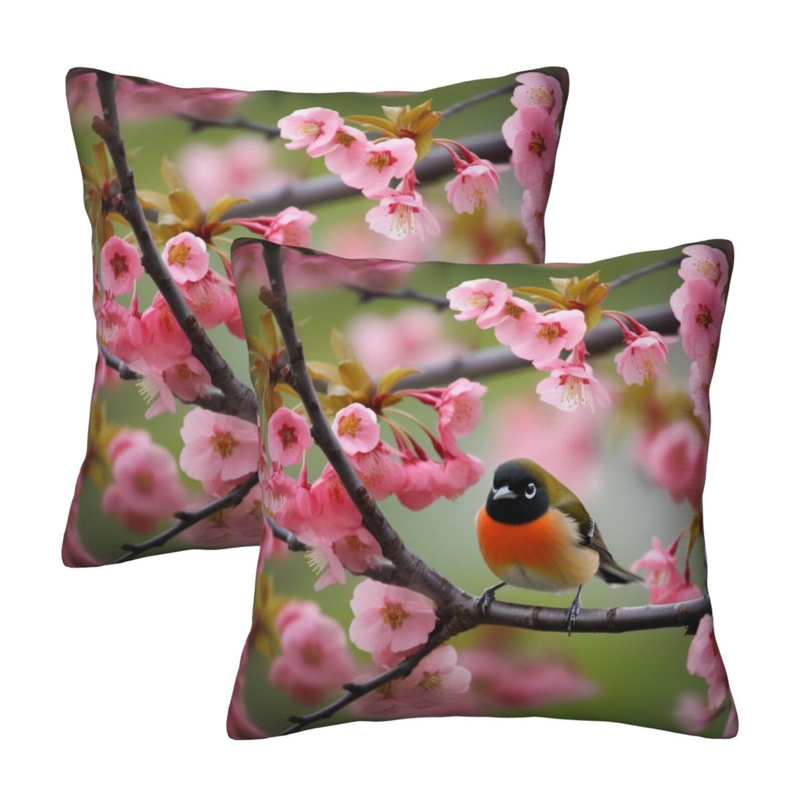 Bird in Peach Tree Throw Pillow Cases 2 Pack Square Pillowcases Soft Pillow Protectors for Couch Livingroom Sofa Bed Office Car,50x50 CM