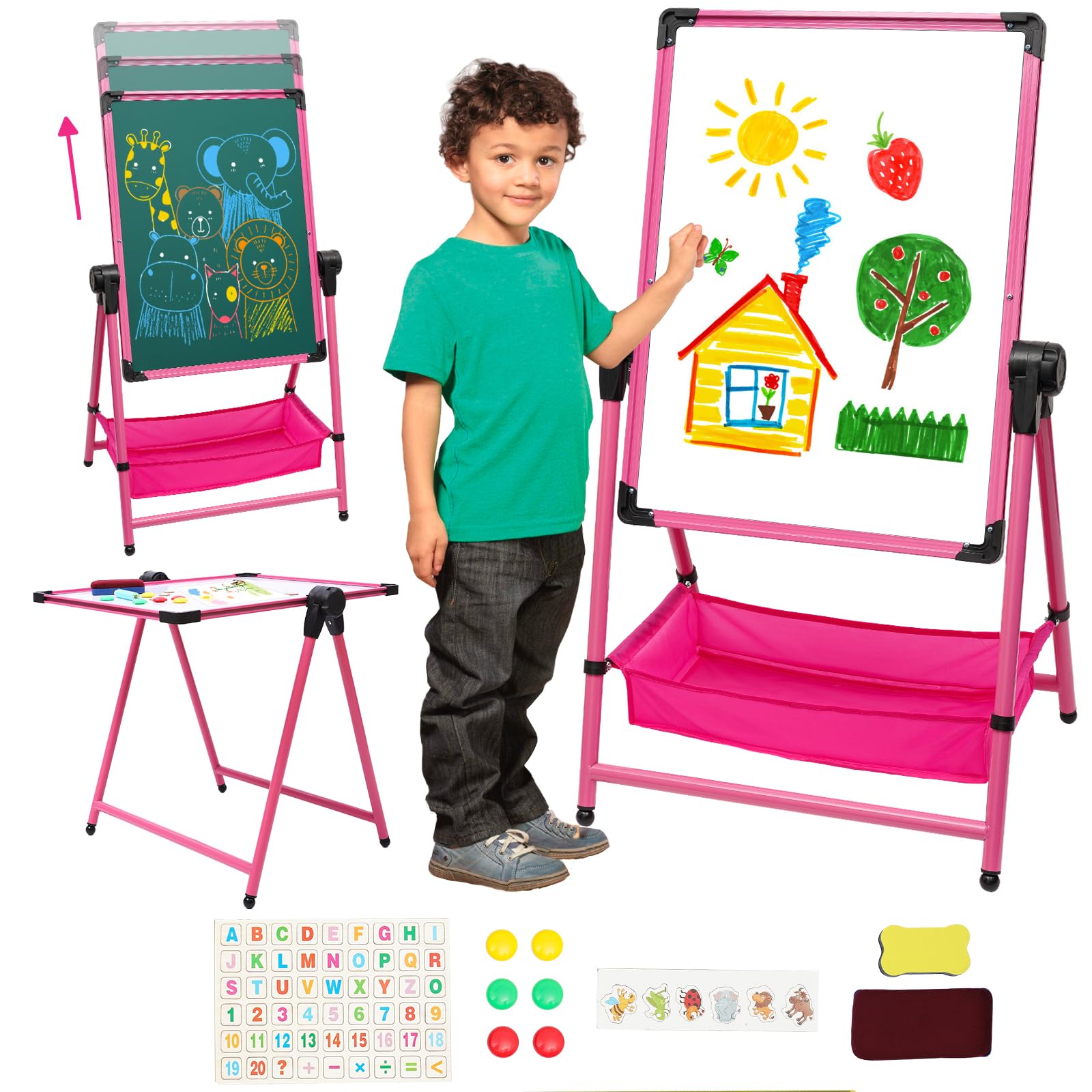 Chevalet Double Face Pour Enfants Réglable En Hauteur (66-109 Cm) | Tableau Blanc Et Planche à Dessin Rotative 360° | Inclus Autocollants Lettres/Chiffres Et Accessoires