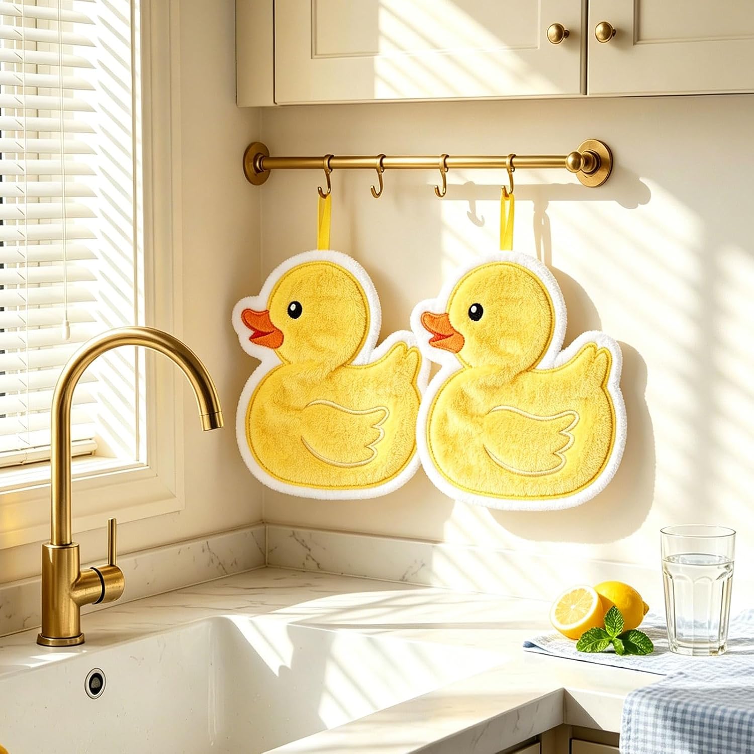 FYSUIMU 2Pcs Yellow Duck Coral Fleece Hand Towels Cute Rubber Duck Shaped Fluffy Dish Towel with Hanging Rope for Bathroom Hand Drying Kitchen Cleaning Cooking