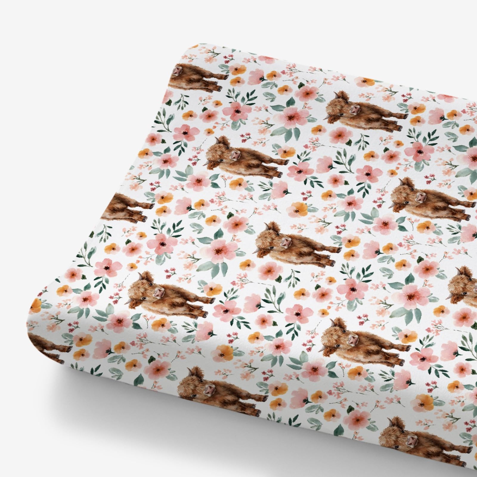 HawSkgFub Highland Cow Boho Floral Changing Pad Cover for Baby Girls, Western Farm Animal Retro Flower Diaper Change Table Covers, Soft Stretchy Safe
