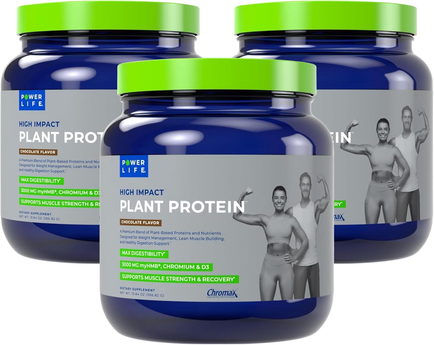 POWERLIFE High Impact Plant Protein Powder with 3000 MG of HMB, Plant-Based, No Sugar Added, Vegan, Keto Friendly, Non-GMO (Chocolate - New Formula) - 3 Pack