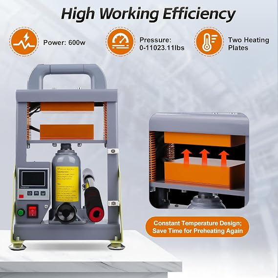 Rosin Press 5 Tons, Resin Extraction Machine 600 W, Hydraulic Hot Press with Double-Sided Heating for Rosin, Dried Flowers and Plant Extracts Flowers