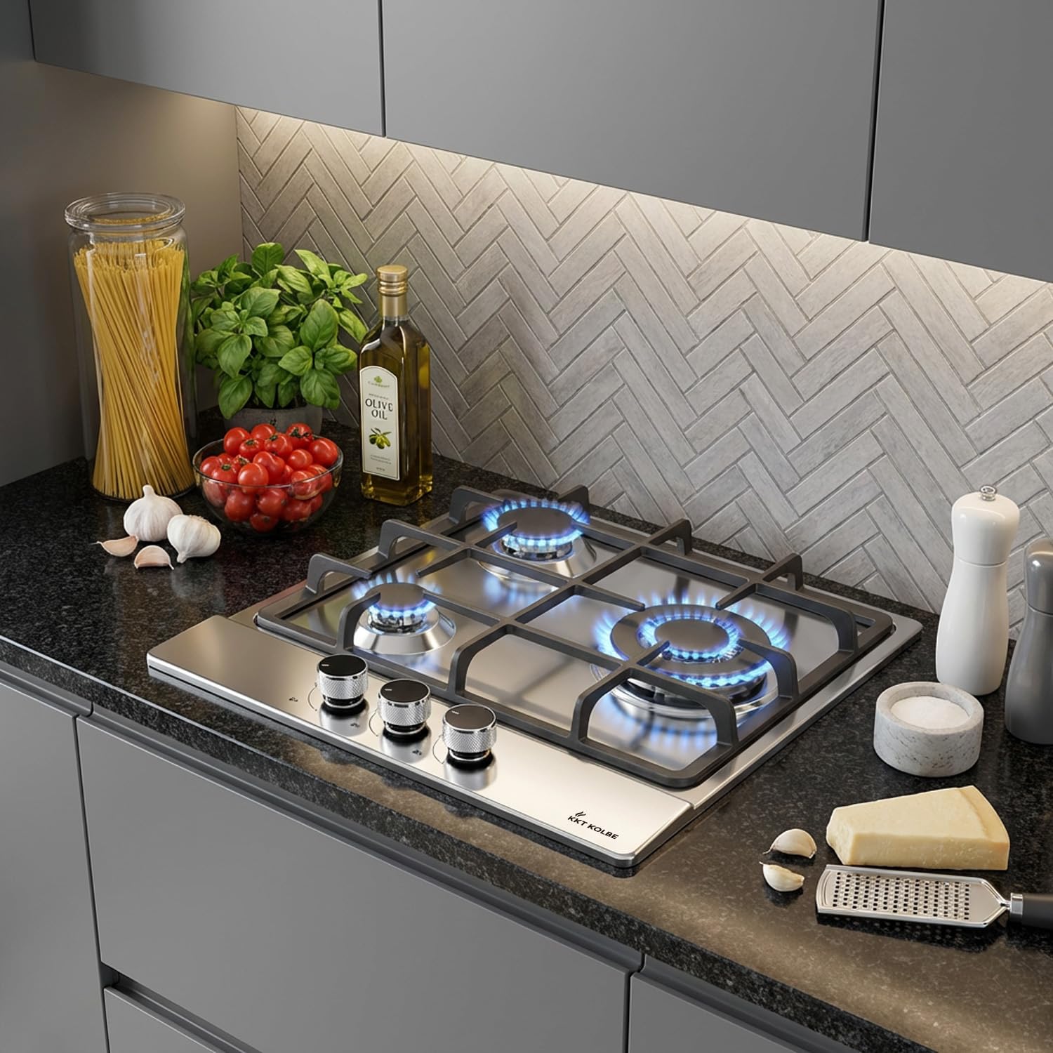 KKT KOLBE Piano cottura a gas da 44,5 cm, autonomo, 6,2 kW, 3 fuochi, regolabile in continuo, zona wok, senza cornice, controllo a manopola, supporti in ghisa, acciaio inox, gas propano, gas naturale