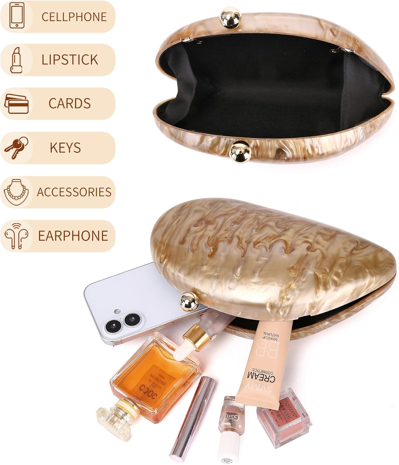 Labair Acrylic Shell Shaped Bag Marble Purses handbags for Women Wedding Party Formal.