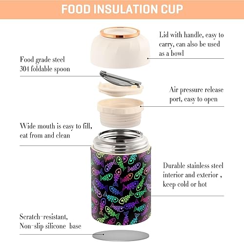 Miniatura 4 de MCHIVER Neon Fish Skeletons Food Jar with Spoon Stainless Steel Vacuum Insulated Food Container 17 oz Thermos for Hot Food