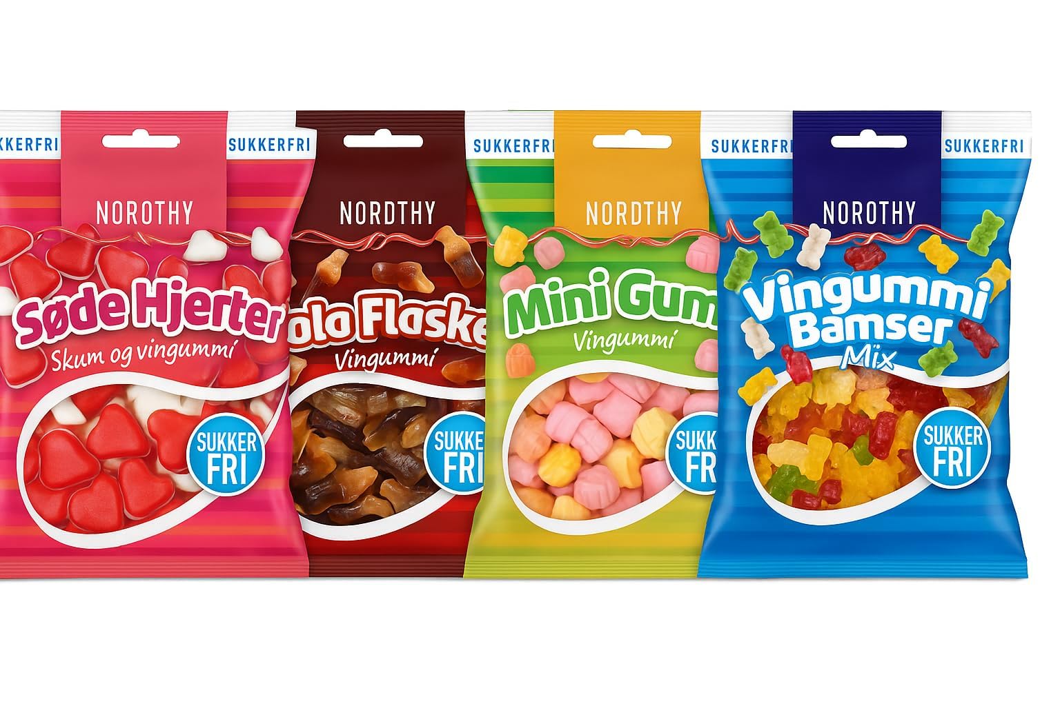 Nordthy Zuckerfreier Süßigkeiten-Mix 290g – Original dänisches Fruchtgummi ohne Zucker – Kalorienarme Gummibärchen, Colaflaschen, Herzen & Mini-Gums