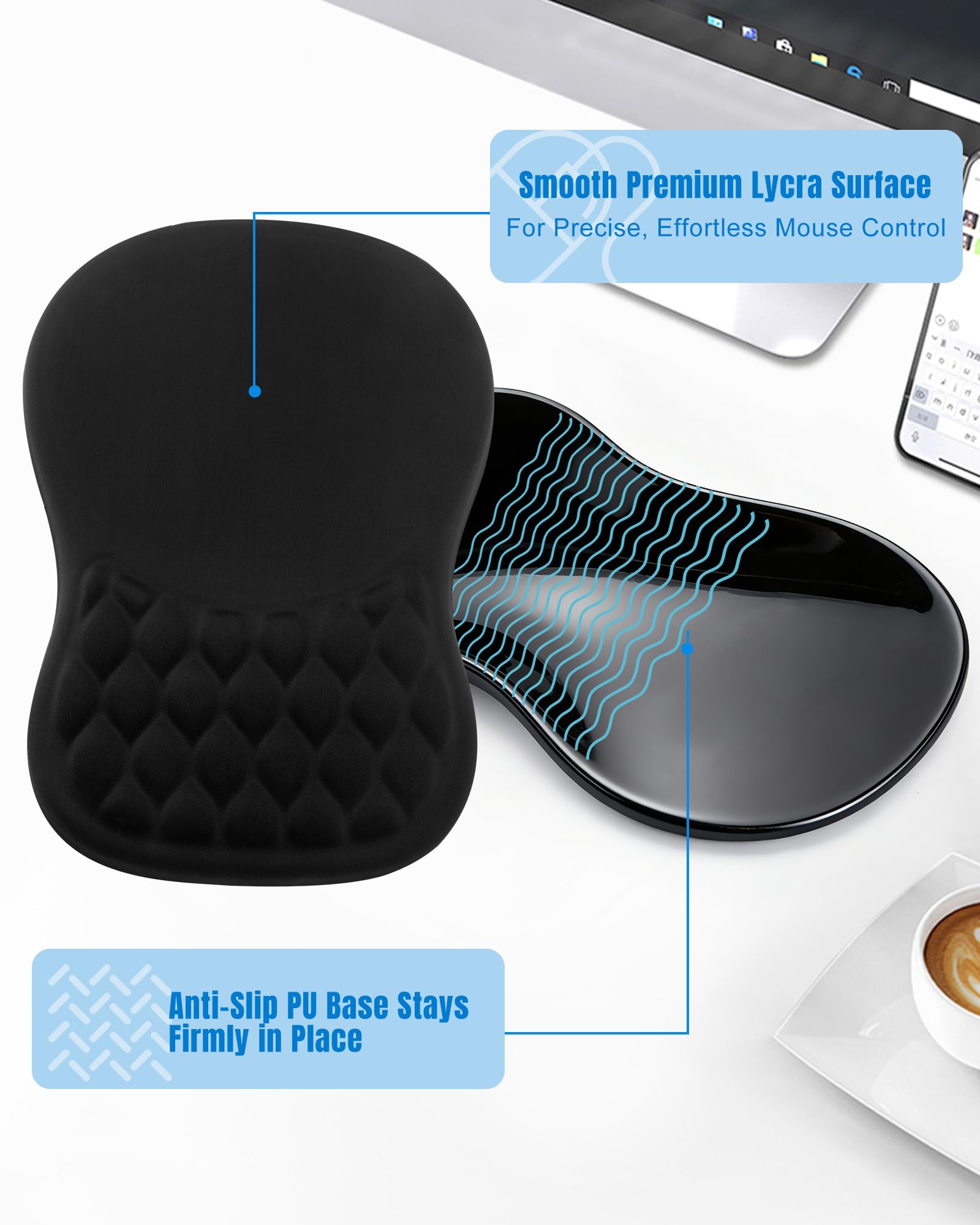 Ergonomic Mouse Pad with Wrist Rest, Slope Design Memory Foam Support, Smooth Lycra Surface, Non-Slip PU Base, Comfortable Mouse Mat for Office, Home, Computer Desk, Black