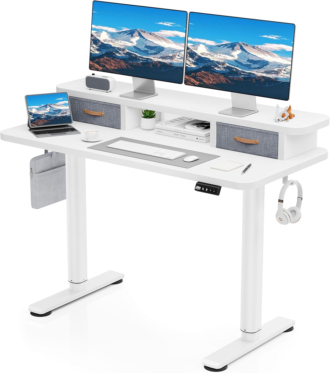 Flycity Electric Standing Desk with Dual Drawers, 48" x 24" Height Adjustable Desk Sit Stand Desk with Memory Controller, Casters & 2 Hooks, Low Noise Home Office Desk, White