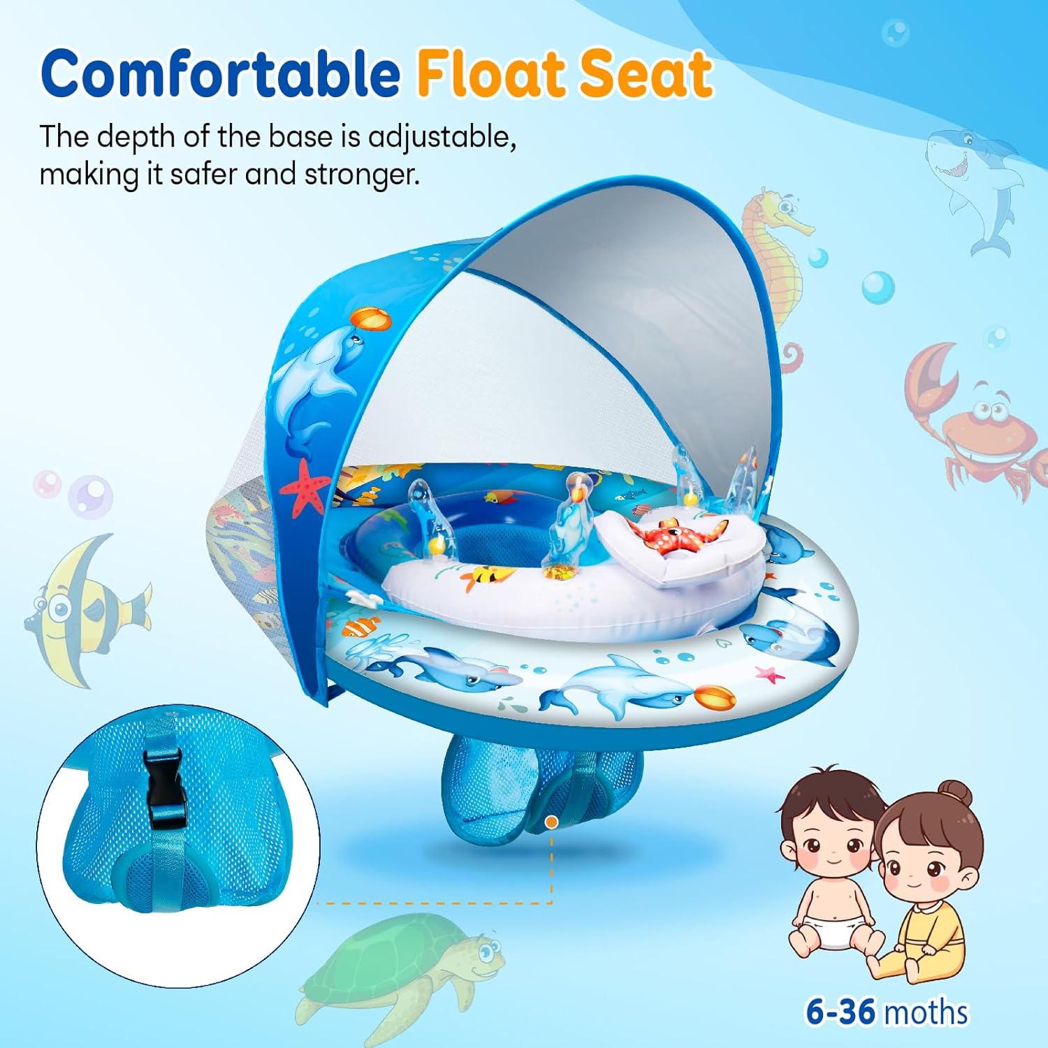 Baby Pool Float for 3-36 Months Infants & Toddlers, UPF 50+ Canopy, Adjustable Seat, 2-in-1 Backstroke & Breaststroke, Anti-Flip Double Air Chambers, Ocean Print, Pool Toy, CPC Certified ASTM F963