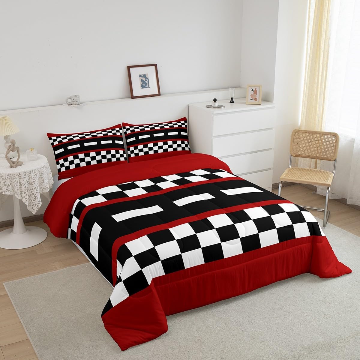 Castle Fairy Extreme Sports Bed Comforter Set Queen Size,Racing Track Black White Grid Super Soft Microfiber Bedding Set for Adults Teens,Race Car Comforter Set,2 Pillowcases
