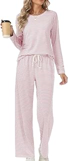 Schlafanzug Damen Lang Pyjama Set Zweiteiliger Nachtwäsche Loungewear Damen Schlafen Oberteil und Schlafanzughose mit Taschen