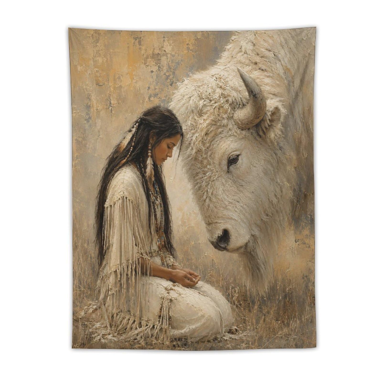 W7C8U2X3 White Buffalo Woman Oil Style Wall Tapestry, Native Prairie Legend