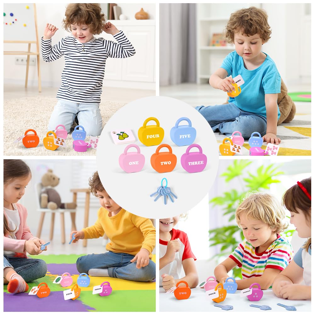 5 Set Serrature e Giocattoli Chiave, Giocattoli con Chiave e Lucchetto, Chiavi Giocattolo Bambini con Lucchetto a Forma di Mela, Chiavi e Tessera, Montessori Set per Lo Sviluppo dai 3+ Anni