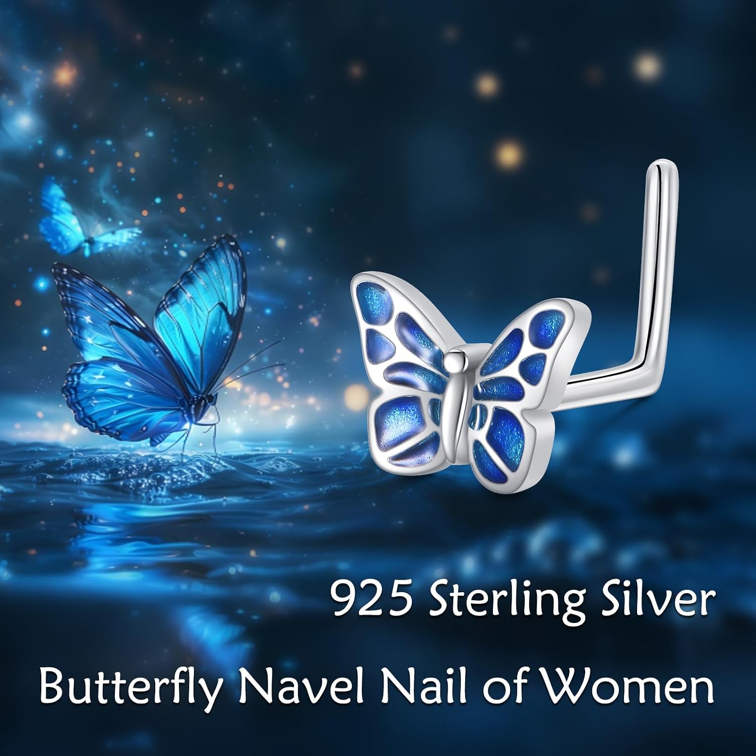 MONGAS Butterfly Nose Ring Sterling Silver Bule Butterfly Nose Piercing Jewelry for Women L Shaped