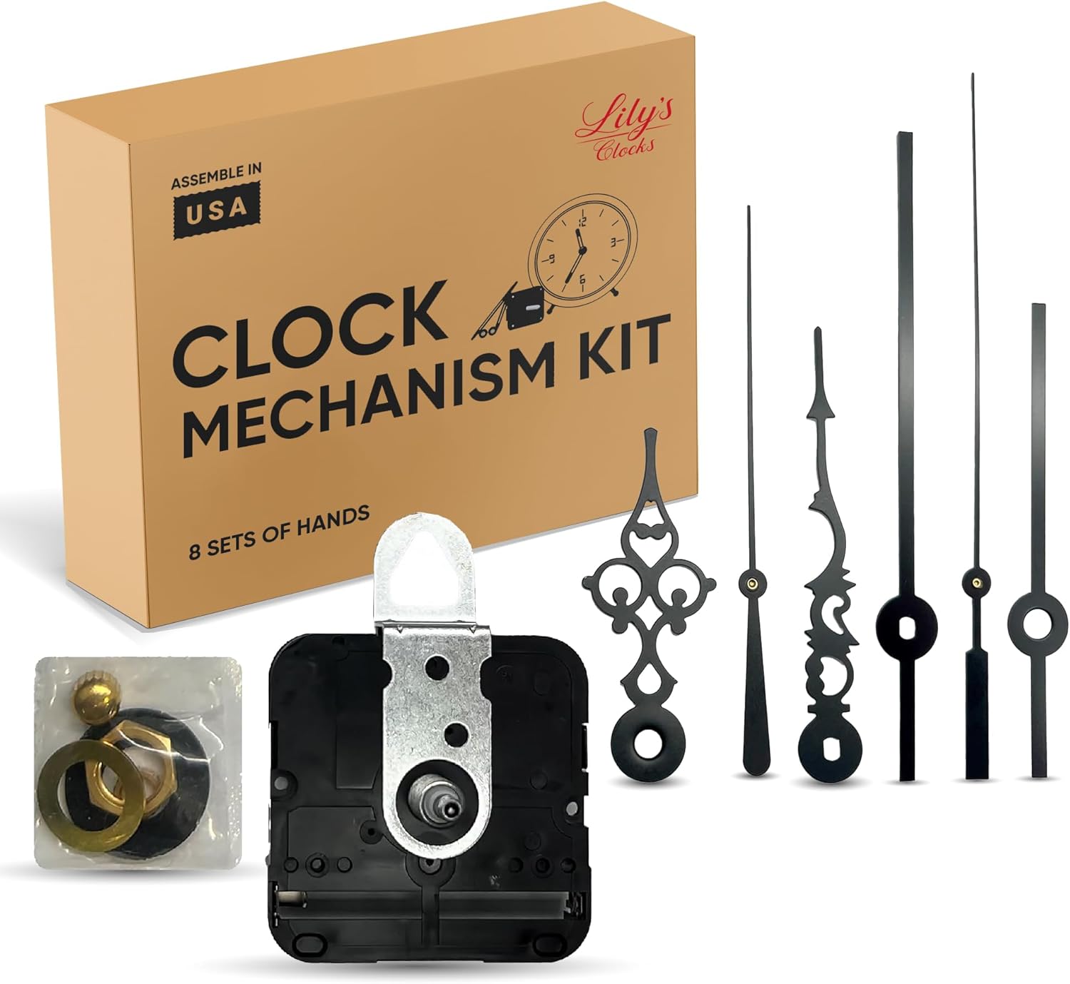 Generic Clock Mechanism Kit - Battery Operated Clock Parts - Wall Clock Movements, Motor, Clock Hands Replacement - USA Made (1 Motor, 8 Sets of Hands, Overall Shaft Size: 5/8""), Black