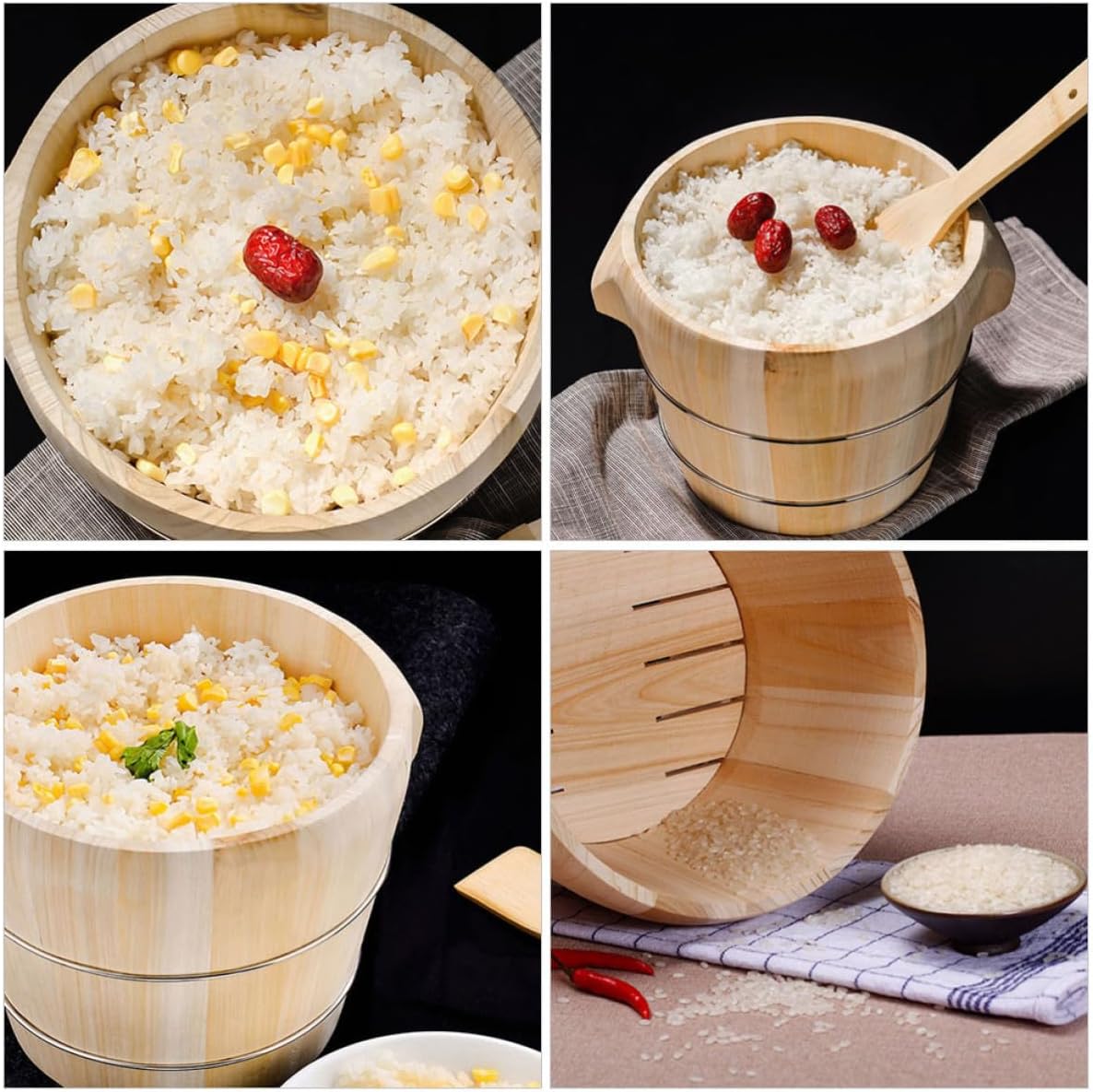 Wooden Rice Bucket with Lid, round Kitchen Steam Cask