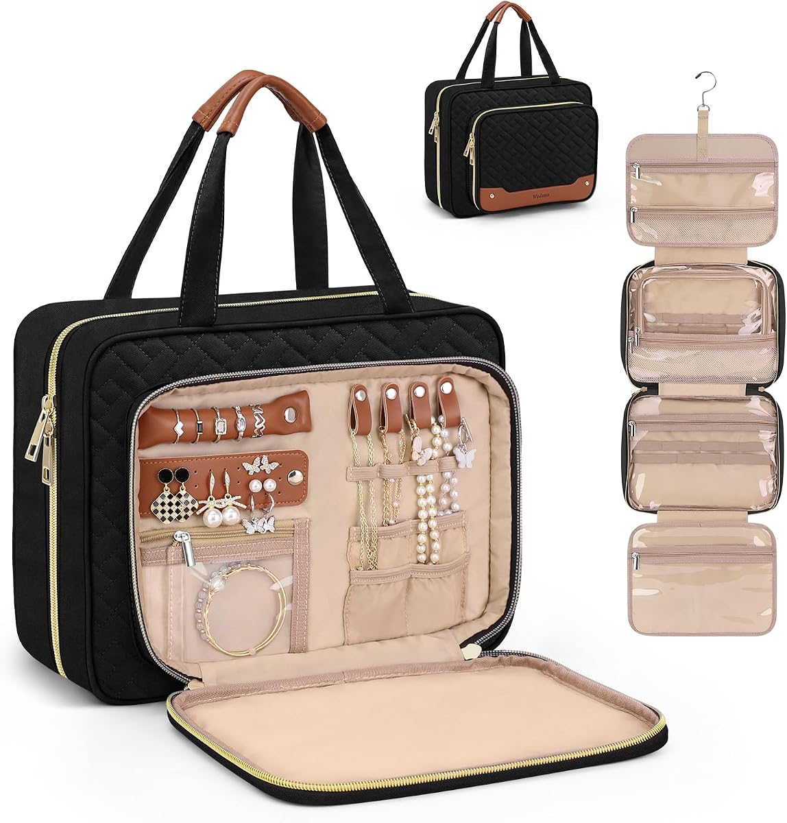Toiletry Bag for Women, Hanging Travel Toiletry Bag with Jewelry Organizer Compartment Large Makeup Bag, PVC Waterproof Cosmetic Travel Bag for Travel Business Trips Camping Bathroom, Black