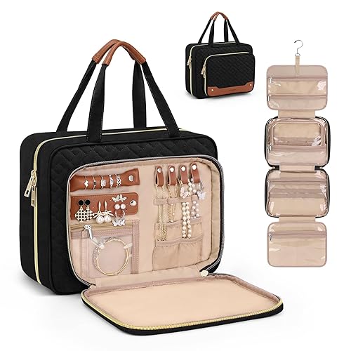Wedama Neceser para mujer, bolsa de aseo colgante de viaje con compartimento organizador de joyas, bolsa grande de maquillaje, bolsa de viaje