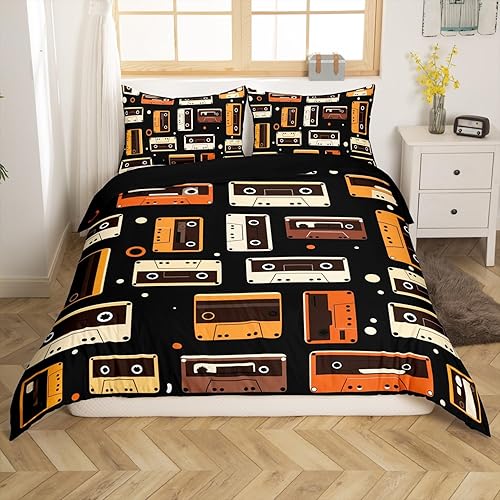 Erosebridal Juego de ropa de cama de cassette vintage de los años 80 y 90 con música individual, funda de edredón para niños y adultos, funda de