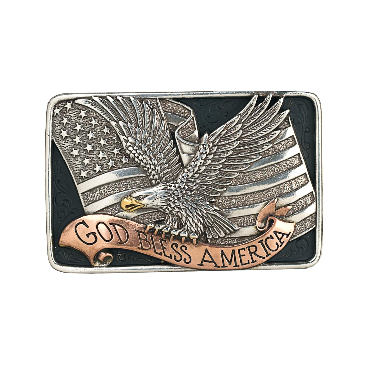 Nocona Belt Co. Men's American Flag and Eagle Buckle with 'God Bless America' Copper Script (2