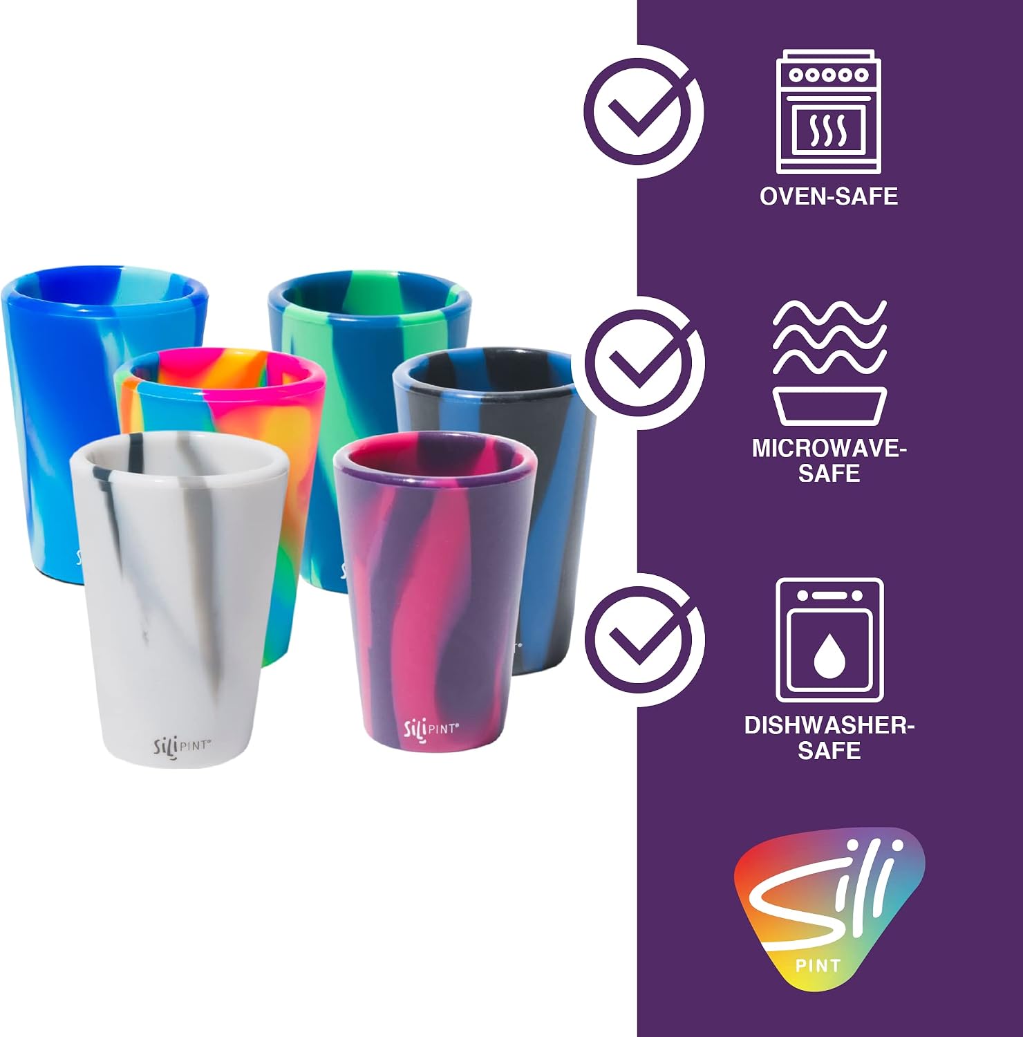 Silipint Silicone Shot-Glass Set, Unbreakable, Reusable, and Freezer-Safe, Fun and Game Shot Glasses, 1.5 Ounces, Alpenglow, Headwaters, Hippie Hops, Offshore, Arctic Sky, Mountain Marble, Set of 6